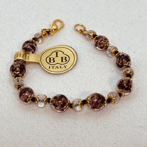 IBB Italy Gold Tone, Brown, Black And Clear Hand Made Venetian Glass Bracelet